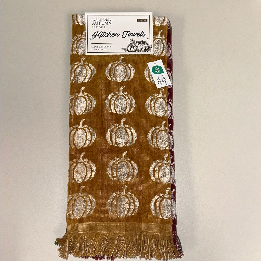 ENVOGUE Caramel Brown White Burgundy Green Harvest Pumpkin Fringe Kitchen Towels